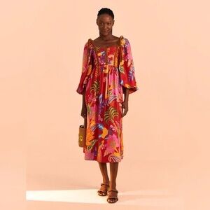 Farm Rio Floral Red Midi Dress sz M FLAWED
